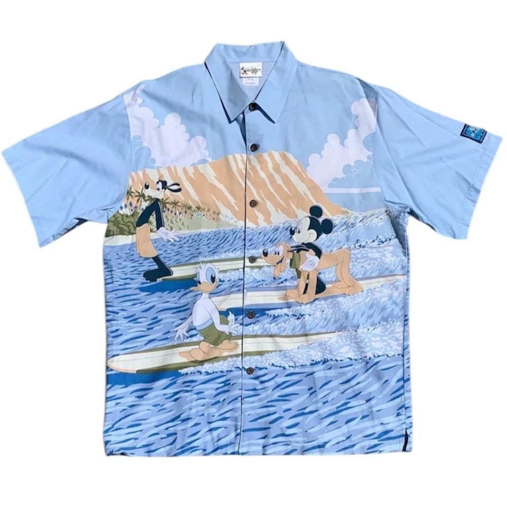 Mickey Goofy Surfing 1990s Walt Disney World Button Up Hawaiian Shirt Men's (L)